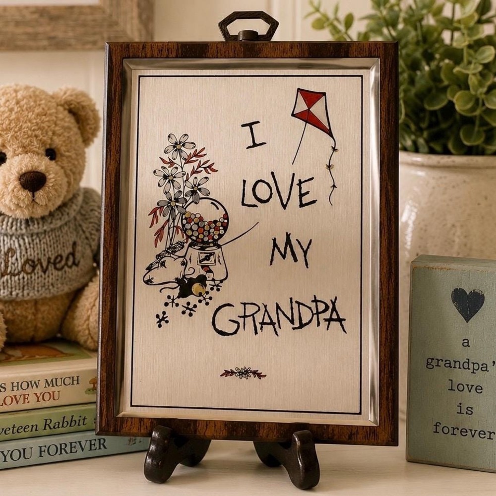 VTG 70s I Love My Grandpa Wall Plaque Wood Framed Aluminum Wall Hanging Nursery